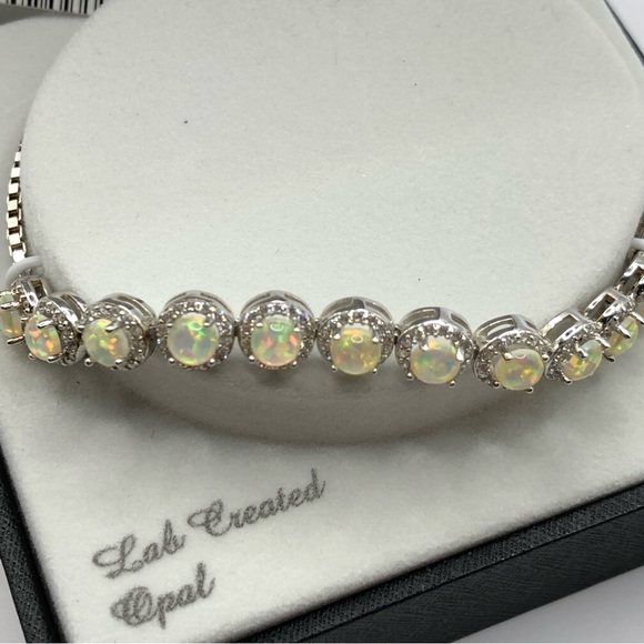 NWT Sterling Silver BRACELET Lab Created Opals (12) Adjustable Size Jewelry - Picture 1 of 9